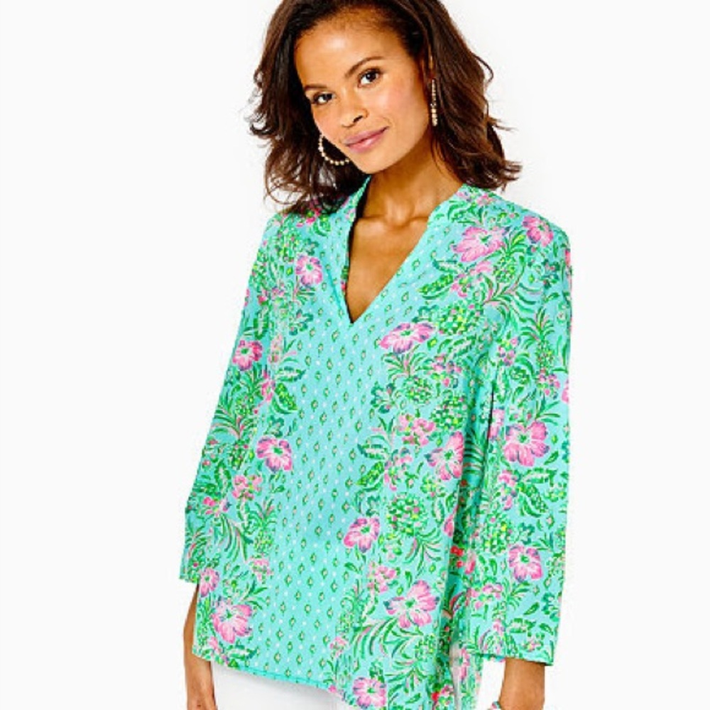 Lilly Pulitzer Floral V-Neck Blouse - Green and Pink